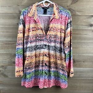 Ali Miles Womens Shirt Long Sleeve Colorful Rainbow Striped Leopard Button Up XL
